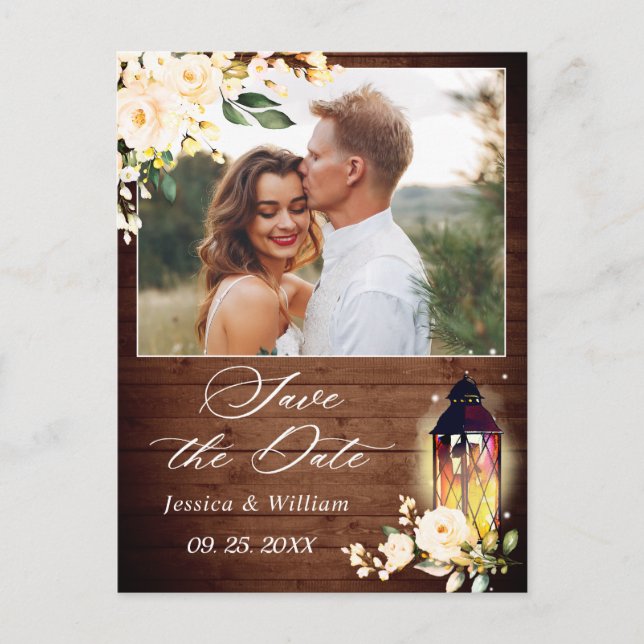 Carte Postale Blush Rose Rustic Wood PHOTO Mariage Enregistrer l (Devant)