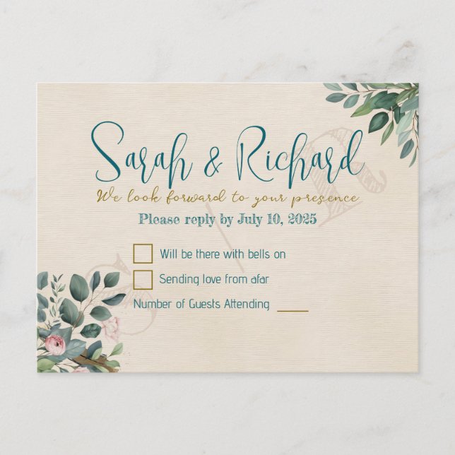 Carte Postale Blush & Sage avec feuillage aquarelle pour RSVP de (Devant)