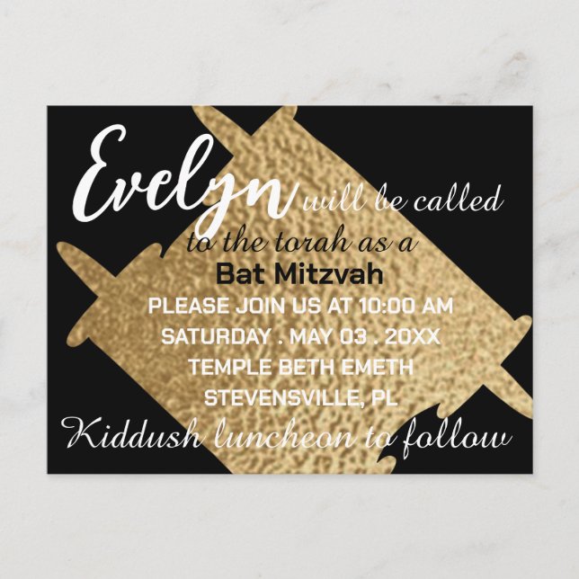 Carte Postale BM Bar ou Bat mitzvah Black N Gold Torah (Devant)