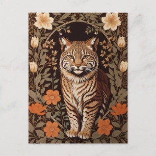 Carte Postale Bobcat élégant sur fond floral marron