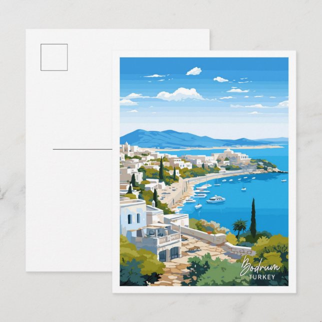Carte Postale Bodrum Turquie Voyage illustration Vintage (Devant / Derrière)