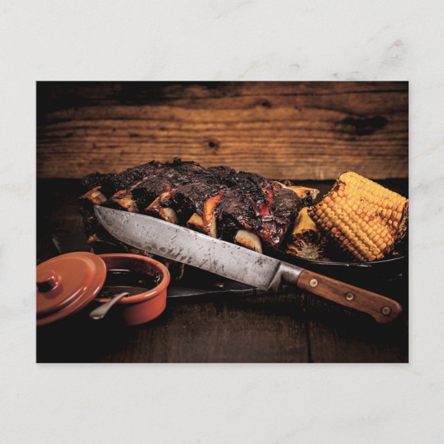 Carte Postale Boeuf barbecue, côtes et maïs. (Devant)