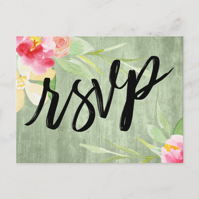 Carte Postale Boho Aquarelle Florale sur bois rustique vert RSVP (Devant)