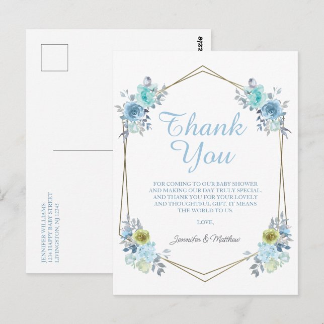 Carte Postale Boho Bleu Floral C'est un Garçon Remerciements Bab (Devant / Derrière)