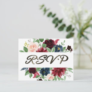 Carte Postale Boho Bloom   Burgundy Red and Navy Blue RSVP Repas
