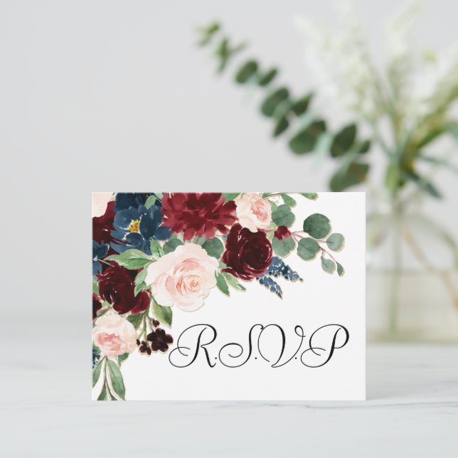 Carte Postale Boho Bloom | Burgundy Red et Navy Blue Repas RSVP (Debout devant)