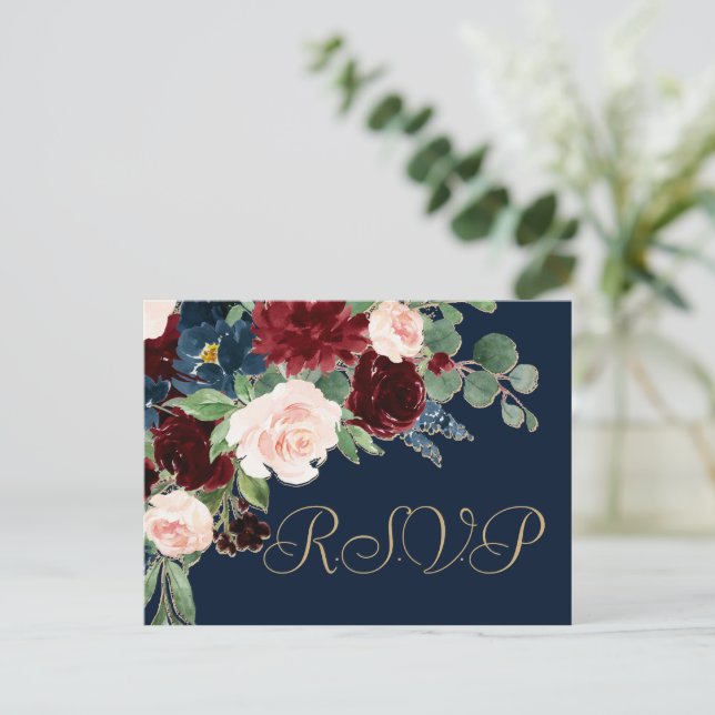 Carte Postale Boho Blooms | Dark Navy Blue and Burgundy Response (Debout devant)