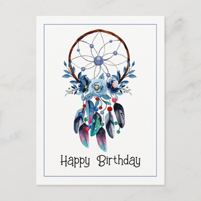 Carte Postale Boho Blue Rêve-catcherdream Plume Floral Joyeux An (Devant)