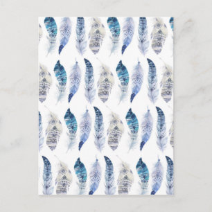 Carte Postale Boho Blue Watercolor Plumes partout sur l'impressi