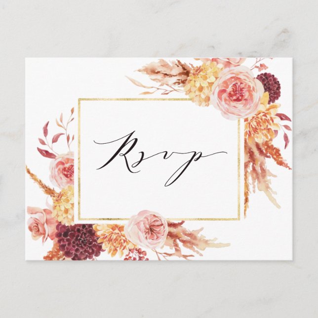 Carte Postale Boho Bourgogne Fleurs de Terracotta Mariage RSVP (Devant)