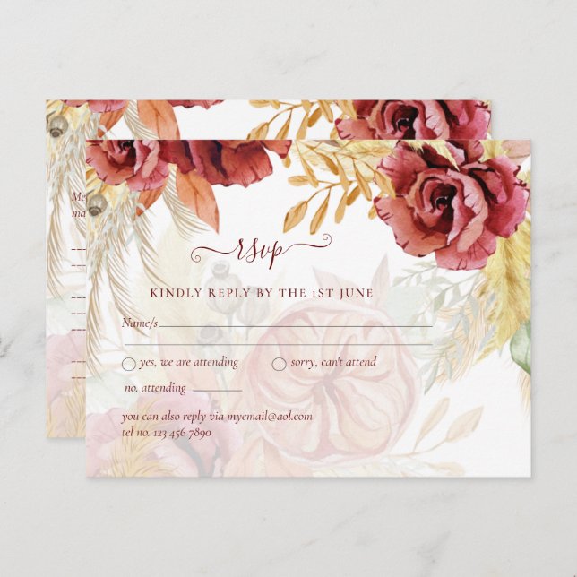 Carte Postale BOHO Bourgogne Rose Pampas Mariage (Devant / Derrière)
