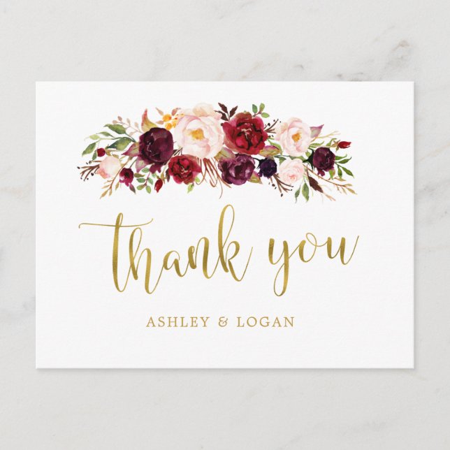 Carte Postale Boho Burgundy Mariage Floral Merci (Devant)