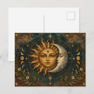 Carte Postale Boho Céleste Soleil et Lune Sombre Hippie