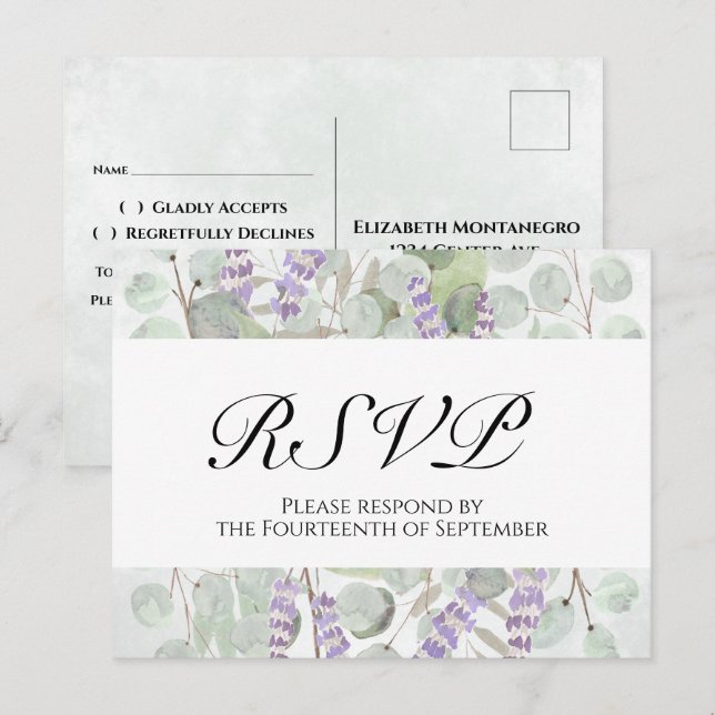 Carte Postale Boho Chic Eucalyptus et Lavande Réponse au Mariage (Devant / Derrière)