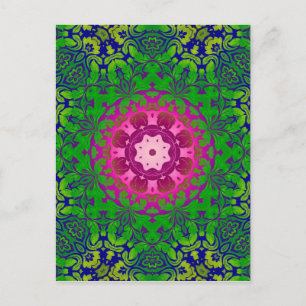 Carte Postale Boho Chic kaléidoscope Yoga Fuschia vert mandala