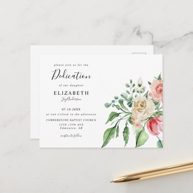 Carte Postale Boho Elegant Rose Rose Aquarelle Bébé Dédication (Devant/Arrière en situation)