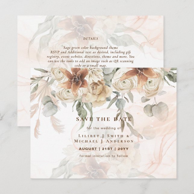 Carte Postale BOHO Faire part de mariage floral à l'herbe de Pam (Devant / Derrière)