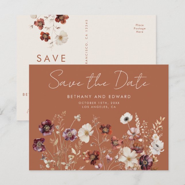 Carte Postale Boho Fall Fleur sauvage Wedding Enregistrer la dat (Devant / Derrière)