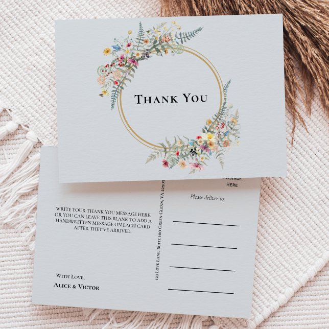 Carte Postale Boho Fleur sauvage Fern Dusty Mariage bleu Merci (Créateur téléchargé)