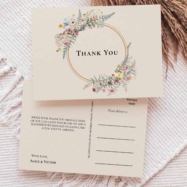Carte Postale Boho Fleur sauvage Fern Mariage beige Merci (Créateur téléchargé)