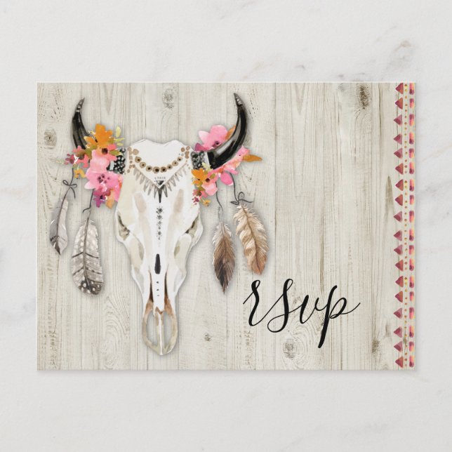 Carte Postale Boho Floral Antler Crâne Russe Bois Mariage RSVP (Devant)
