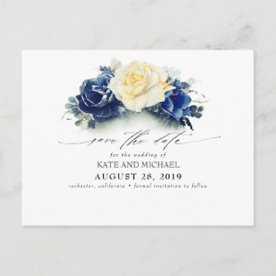 Carte Postale Boho floral jaune et bleu marine Sauvez la date