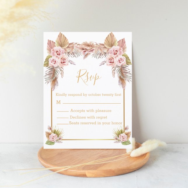 Carte Postale boho floral or tropical script rsvp mariage (Créateur téléchargé)