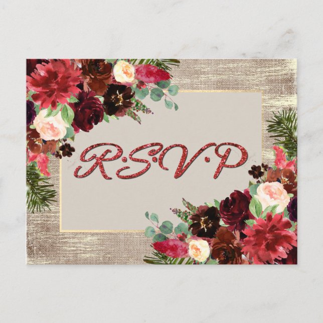 Carte Postale Boho Floral Rustique de Noël Entrée RSVP Bourgogne (Devant)