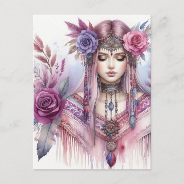 Carte Postale Boho Girl IA Art Mode Bohème (Devant)
