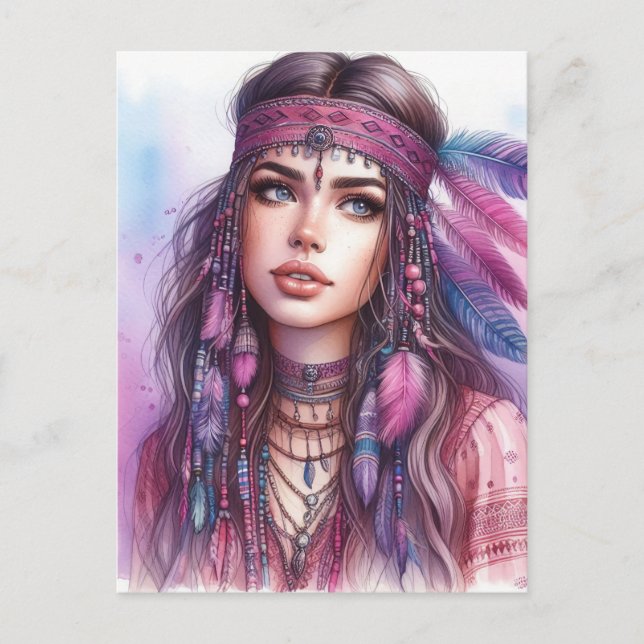 Carte Postale Boho Girl IA Art Mode Bohème (Devant)