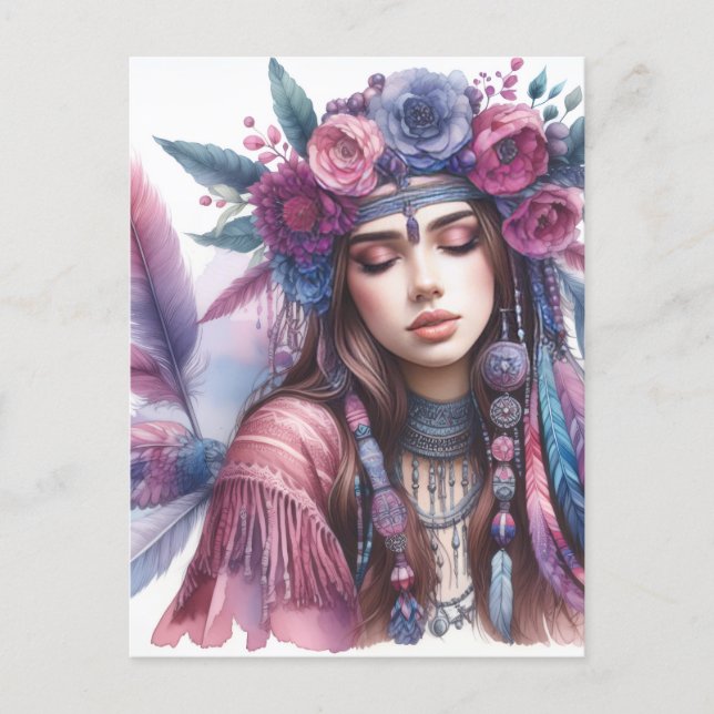 Carte Postale Boho Girl IA Art Mode Bohème (Devant)