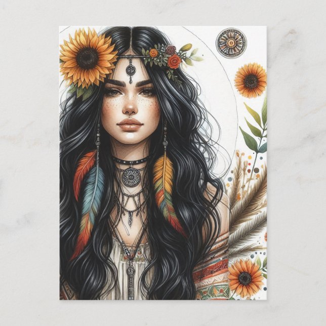 Carte Postale Boho Girl IA Art Mode Bohème (Devant)