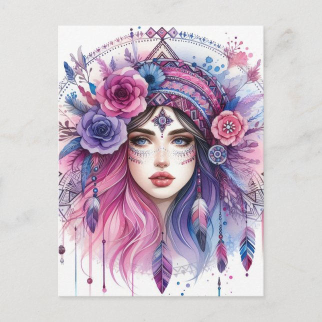 Carte Postale Boho Girl IA Art Mode Bohème (Devant)