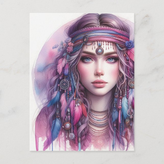 Carte Postale Boho Girl IA Art Mode Bohème (Devant)