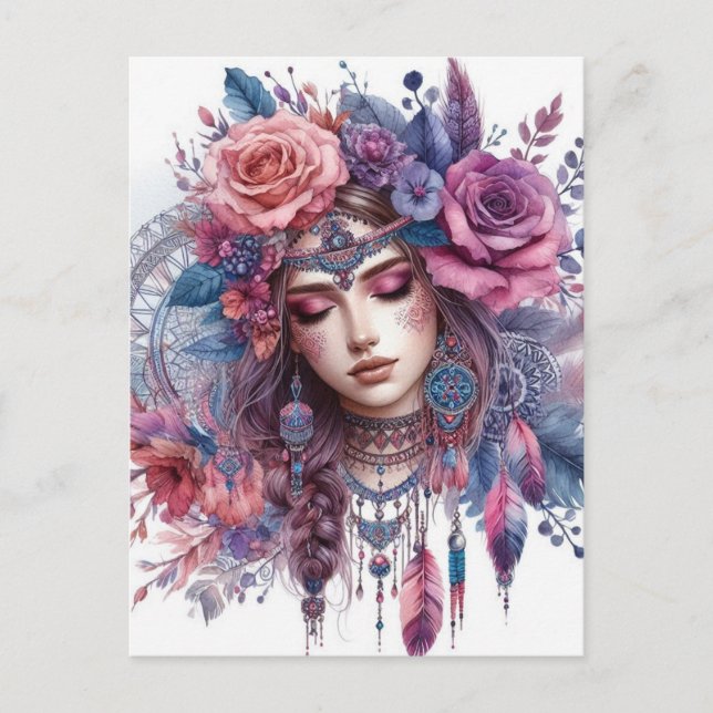 Carte Postale Boho Girl IA Art Mode Bohème (Devant)