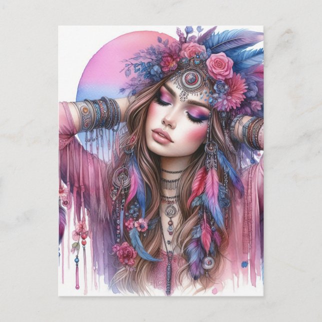 Carte Postale Boho Girl IA Art Mode Bohème (Devant)