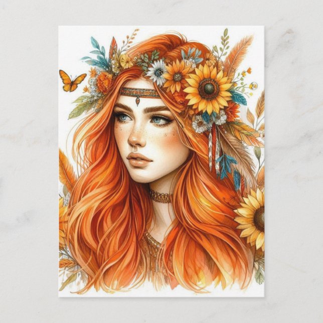 Carte Postale Boho Girl IA Art Mode Bohème (Devant)