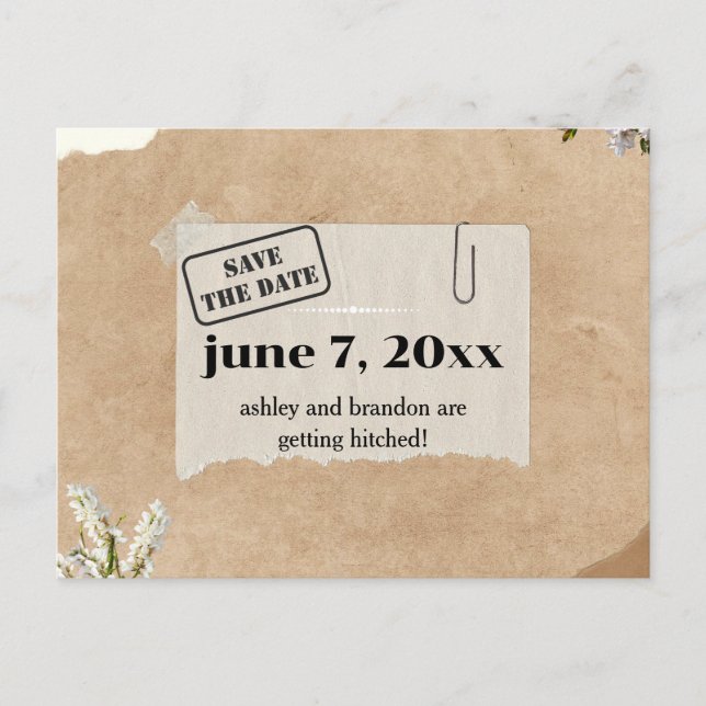 Carte Postale Boho Kraft Papier Floral ENREGISTRER LA DATE (Devant)