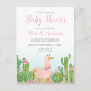 Carte Postale Boho Llama Baby shower d'aquarelle rose par courri