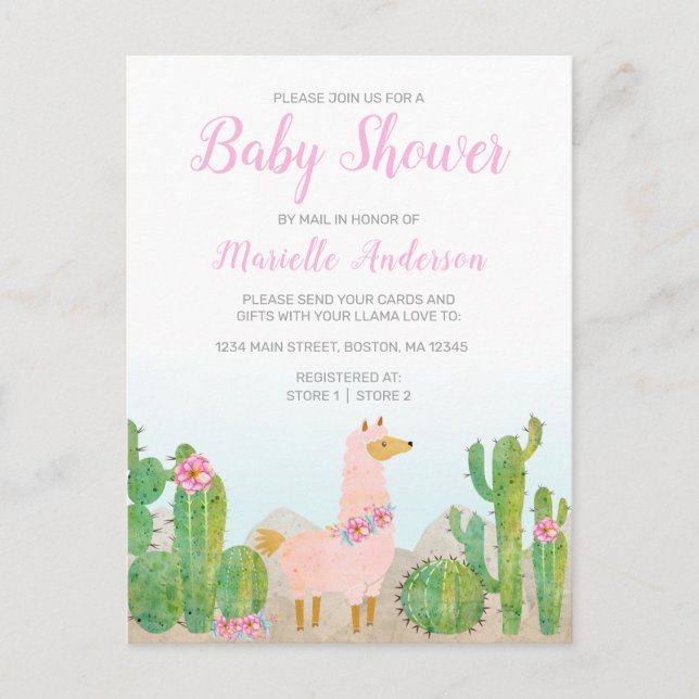 Carte Postale Boho Llama Baby shower d'aquarelle rose par courri (Devant)