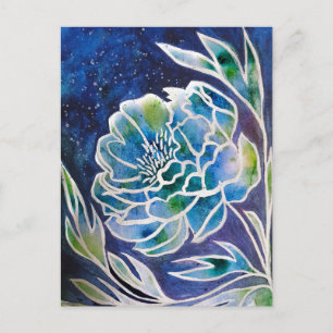 Carte Postale Boho Navy bleu céleste Dahlia aquarelle florale