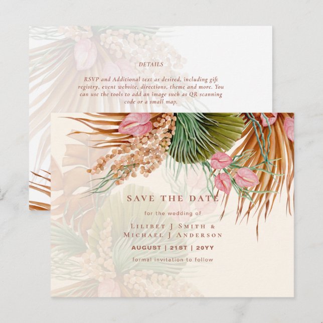 Carte Postale BOHO Pampas Grass Floral Mariage Enregistrer La Da (Devant / Derrière)