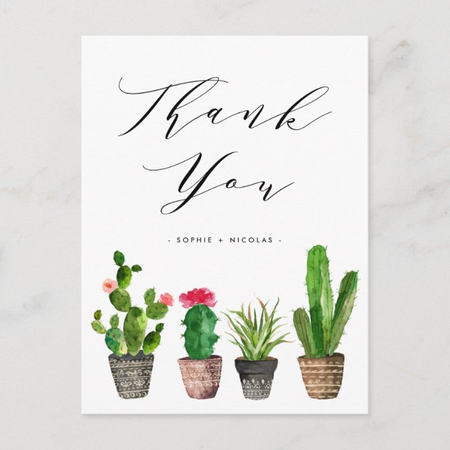 Carte Postale Boho Poted Succulent et Cactus Mariage Merci (Devant)