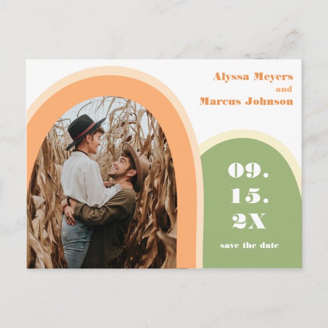 Carte Postale Boho Rainbow tendance Sauvez la date Vert (Devant)