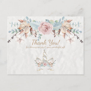 Carte Postale Boho Rustique Floral de la Forêt Licorne Merci