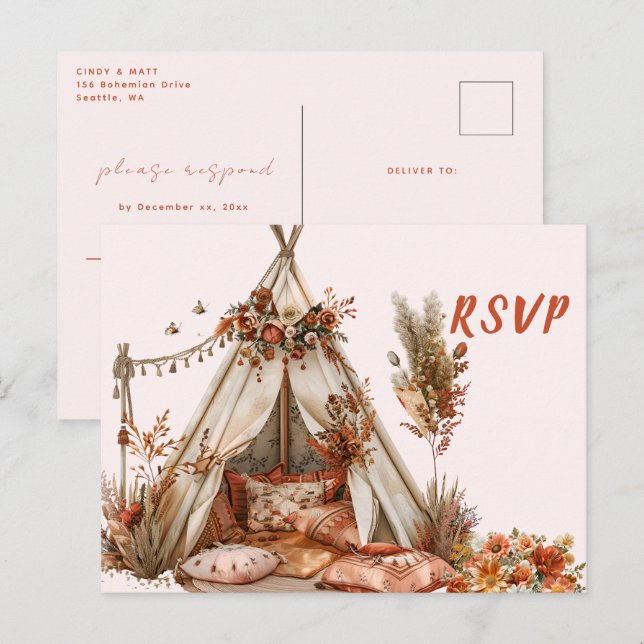 Carte Postale Boho Tent Plumes Mariage RSVP (Devant / Derrière)
