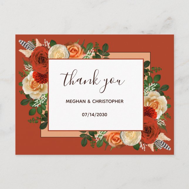 Carte Postale Boho Terracotta Rust Floral Wedding Thank You (Devant)