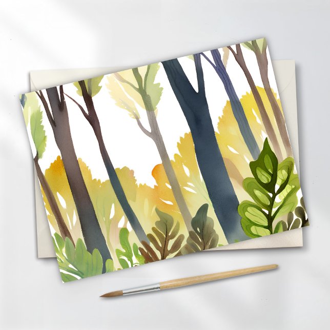 Carte Postale Bois aquarelle | Peinture de forêt de nature verte (Créateur téléchargé)
