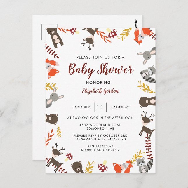 Carte Postale Bois Baby shower mignon Animaux forestiers Neutres (Devant / Derrière)