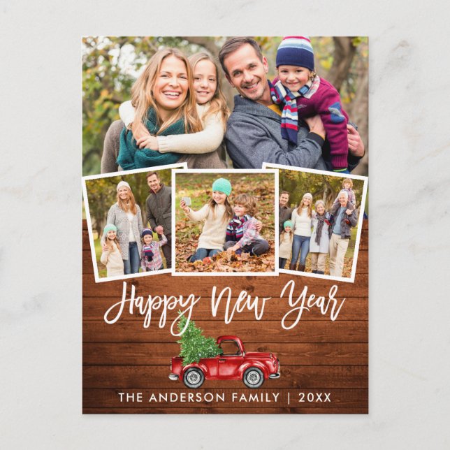 Carte Postale Bois Bracelet Script Camion rouge Nouvel An 4 Phot (Devant)